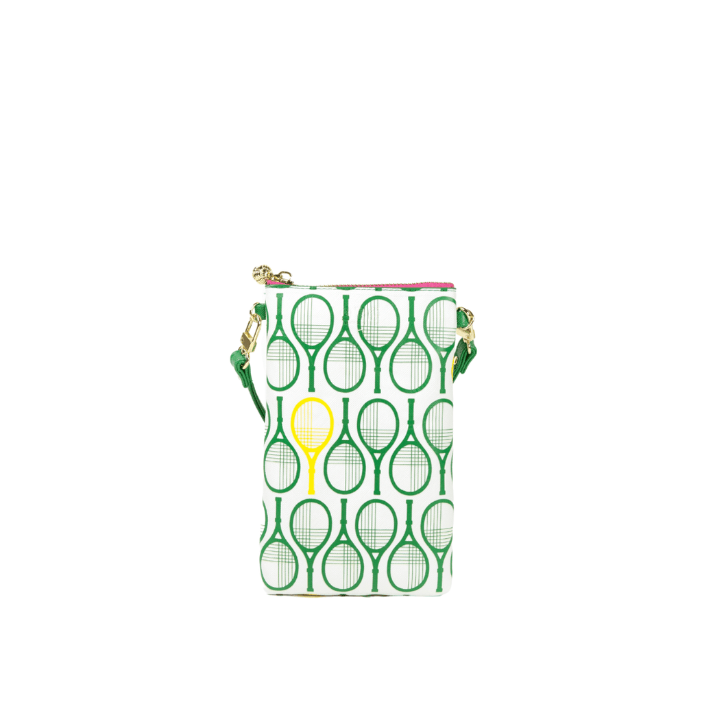 Small wristlet/crossbody bag with printed tennis racquets in green and white