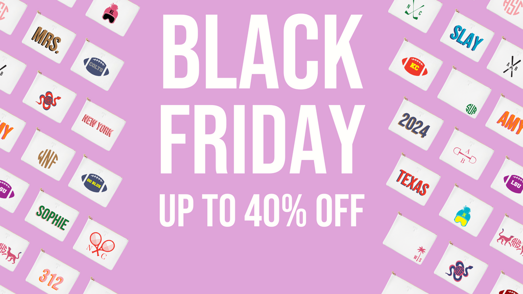 "Black Friday - Up to 40% Off" Graphic with personalized bags surrounding