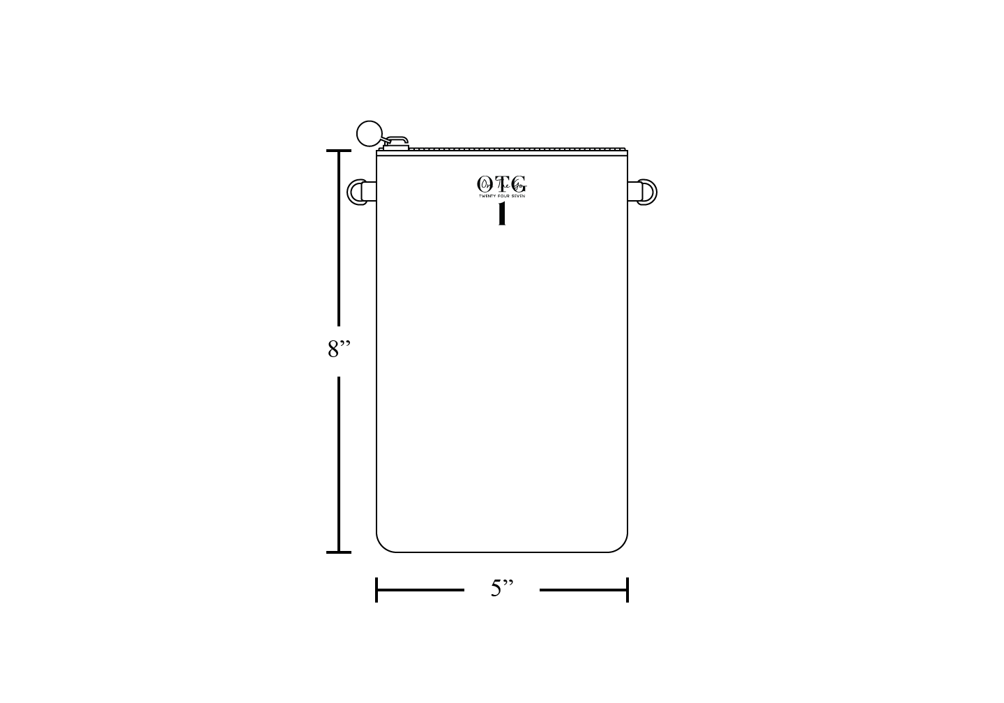 Line diagram of the OTG|247 size #1, with dimension lines marking 5 inches wide by 8 inches tall, includes two removable straps (12 inches and 48 inches).
