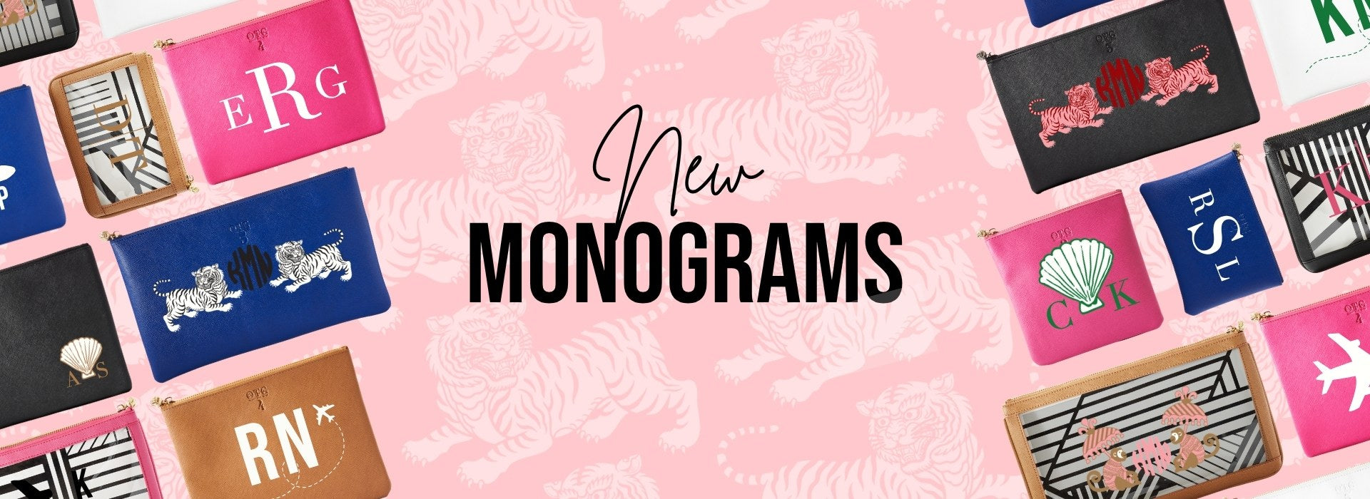 Promotional banner for new monograms on personalized bags.