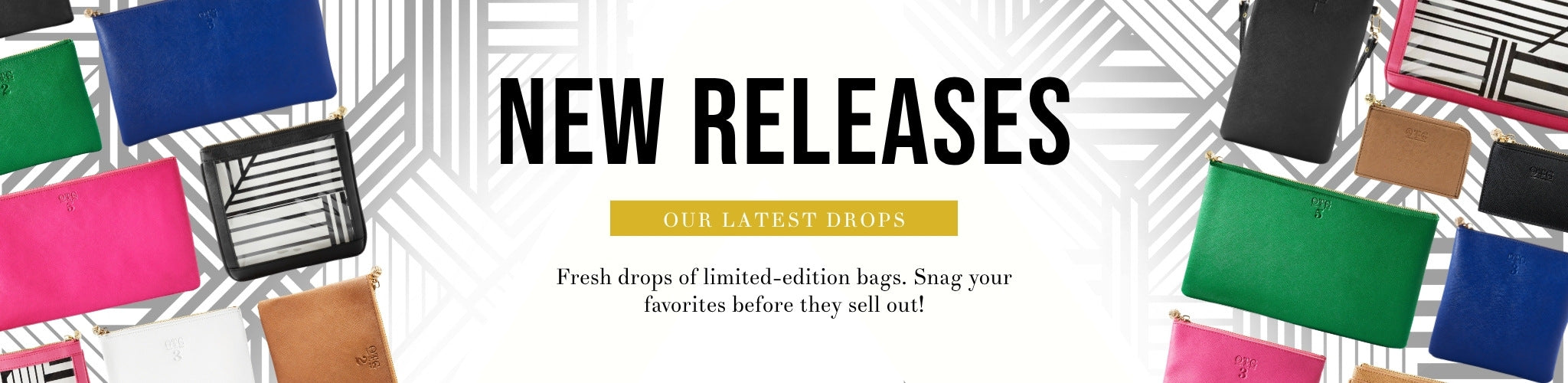  Various OTG bags overlaying the OTG|247 Shay Stripe pattern with text title New Releases