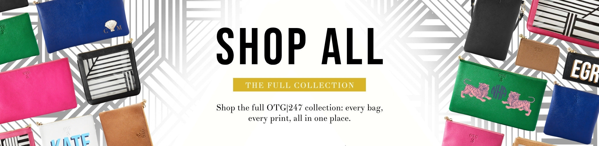 Various OTG bags overlaying the OTG|247 Shay Stripe pattern with text title Shop All