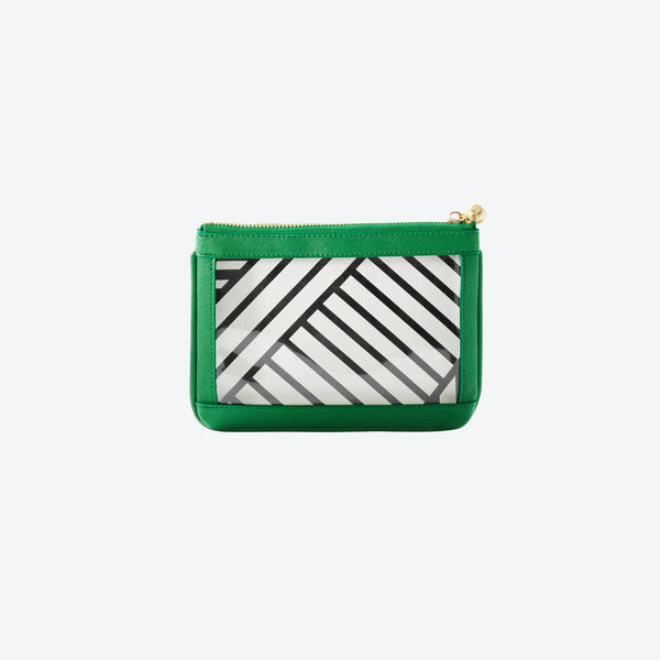 #2 Nudie Green Pouch — green vegan leather clear-window pouch with gold knot zipper