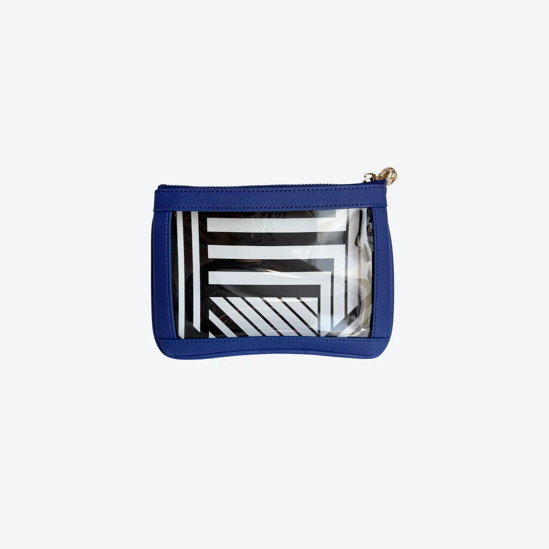 #2 Nudie Navy Pouch — navy vegan leather clear-window pouch with gold knot zipper