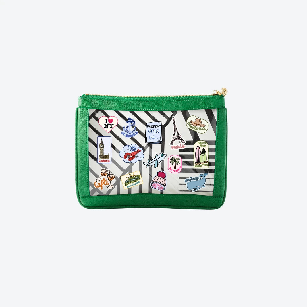 #4 Nudie Green Kai Lassen Collab Pouch, front view with Kai Lassen travel stickers