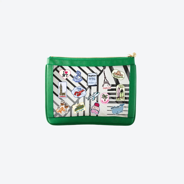 #4 Nudie Green Kai Lassen Collab Pouch, front view with Kai Lassen travel stickers