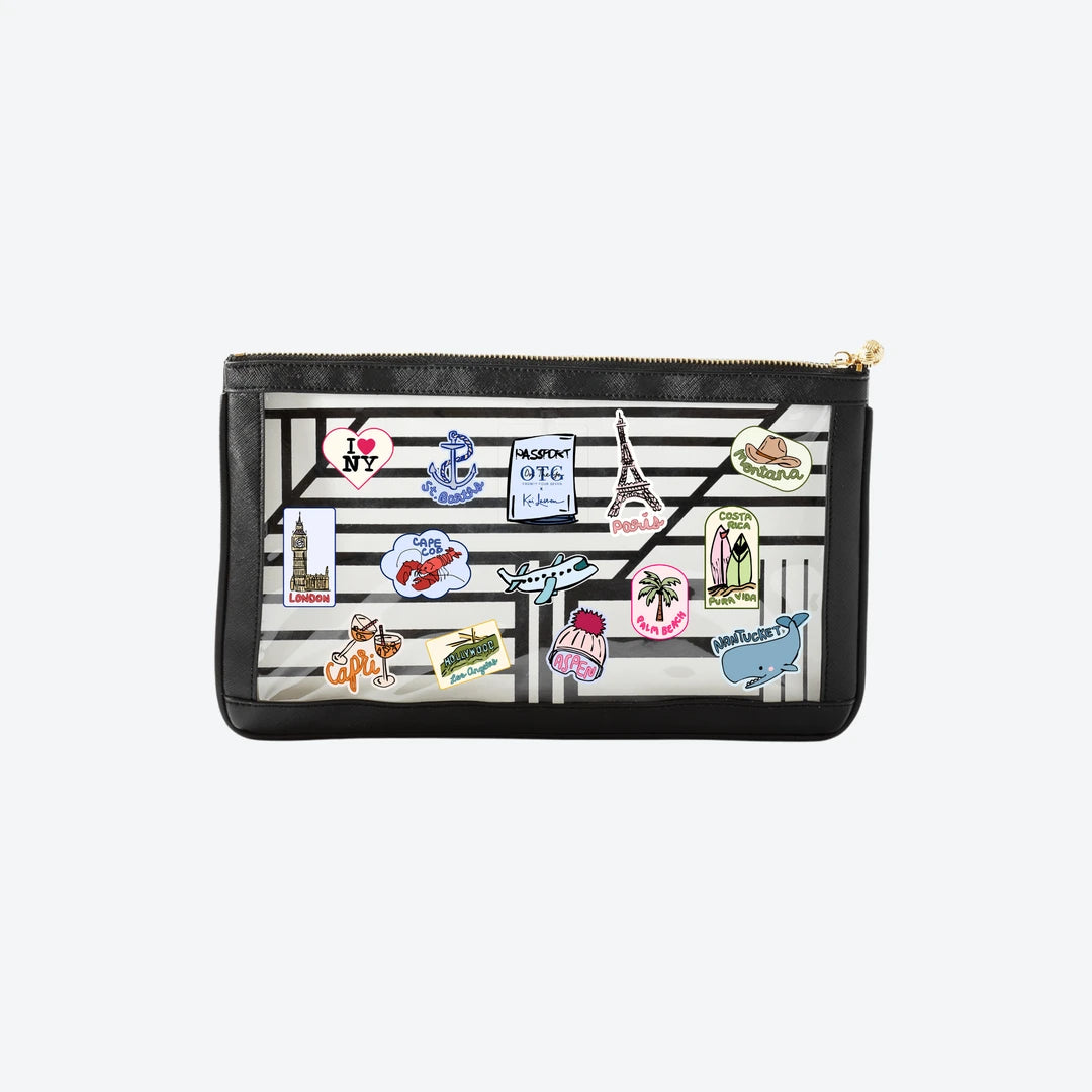 #5 Nudie Black Kai Lassen Collab Clutch, front view with Kai Lassen travel stickers