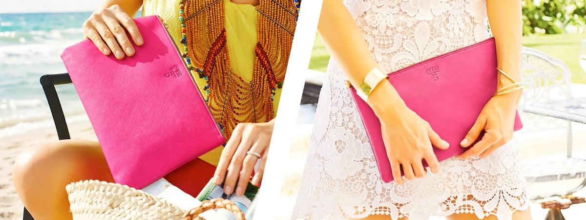 Two photos: a woman packing a hot pink OTG bag into a straw beach tote, and the same bag carried as a clutch with a white lace dress